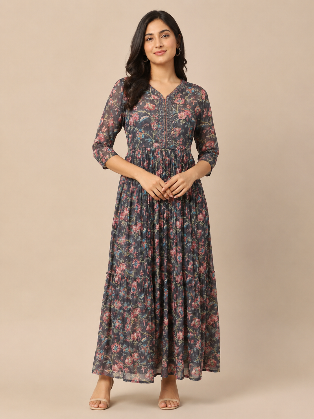Charcoal Grey Imported Lycra Floral Tiered Maxi Dress